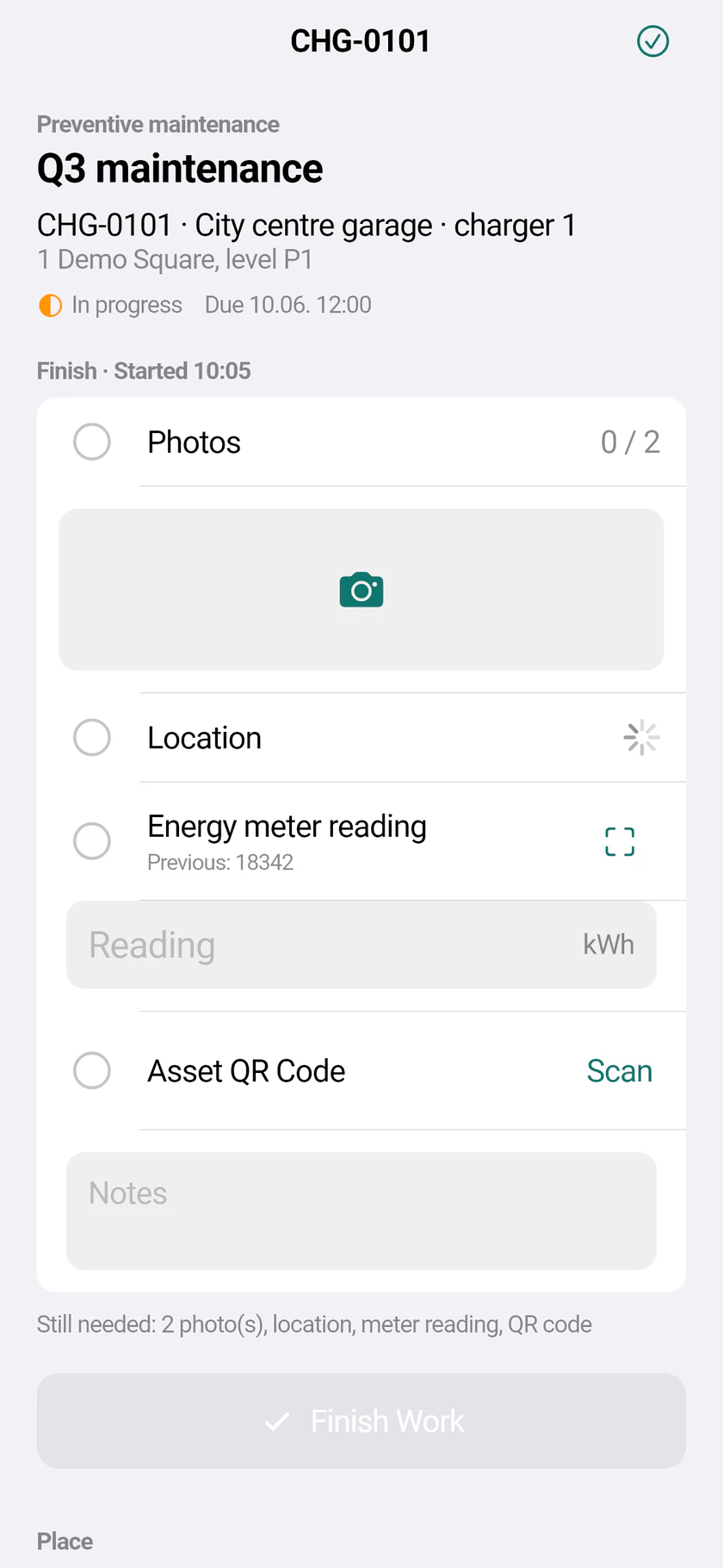 Closing a job on the phone: photos, location, meter reading and QR code