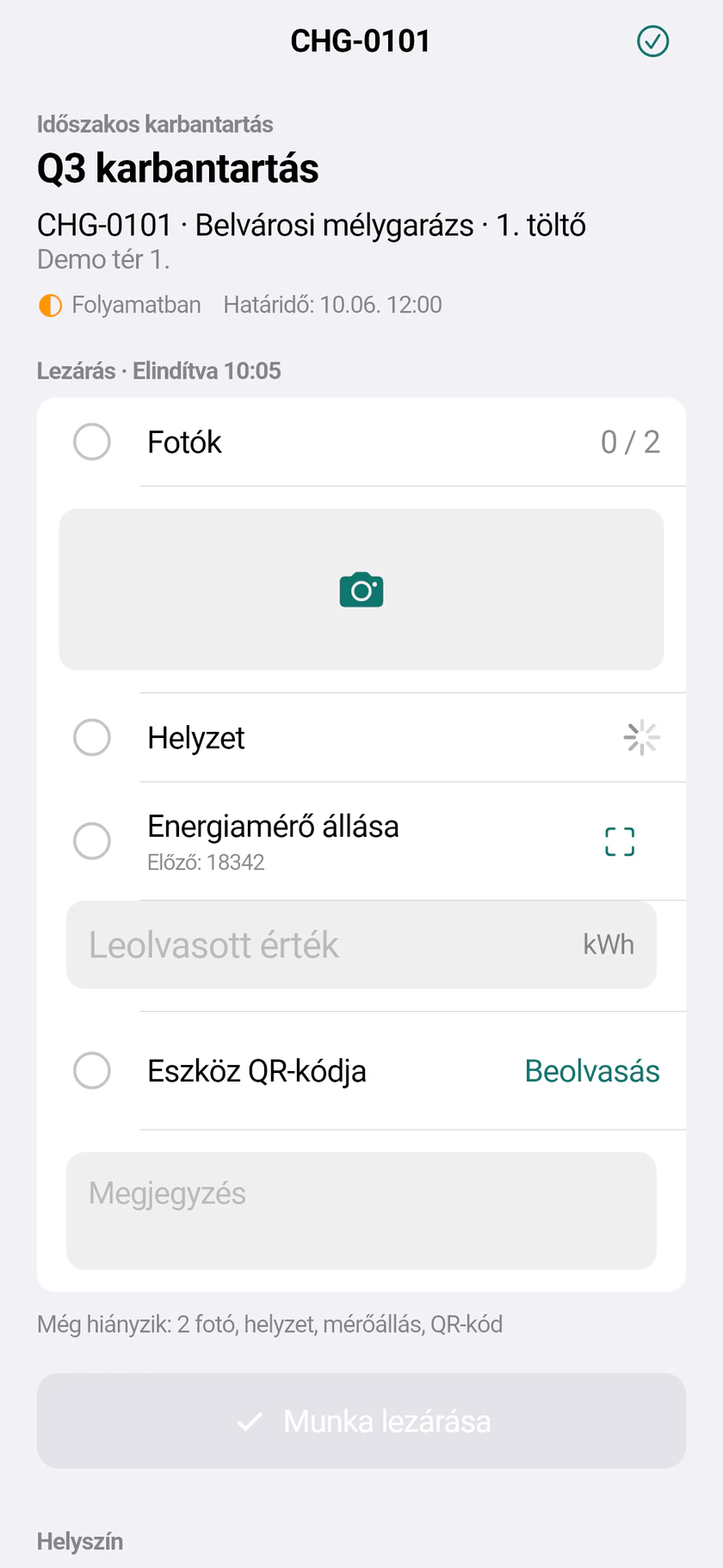 Munka lezárása a telefonon: fotók, helyzet, mérőállás és QR-kód