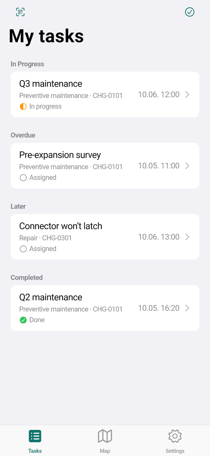 The technician’s task list grouped by status