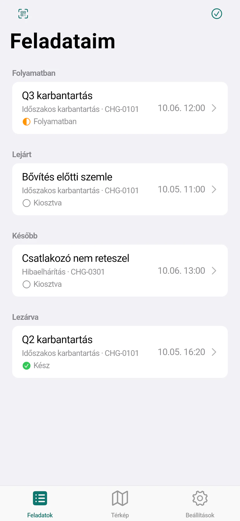 A technikus feladatlistája állapot szerint csoportosítva